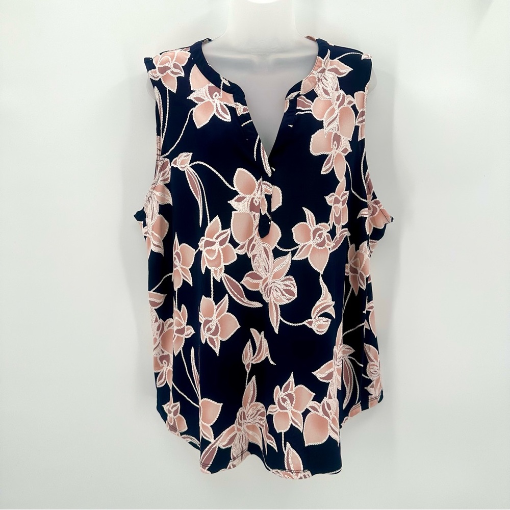 Papermoon Top 3X Plus Navy Pink Floral Textured Tank CLEMENTA Blouse Fairy NWT